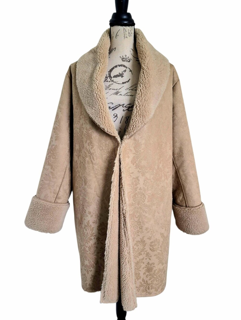 Soft Surroundings Misha Long Penny Lane Faux Suede Shearling Jacquard Coat 1X - Picture 3 of 16